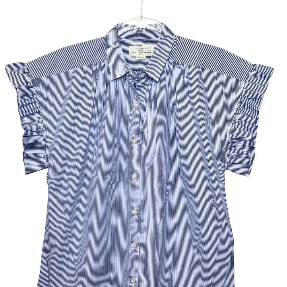 Travota Marianne NWT Birds of Paradise Button Ruffle Shirt Blue White Cotton XS - Picture 3 of 14